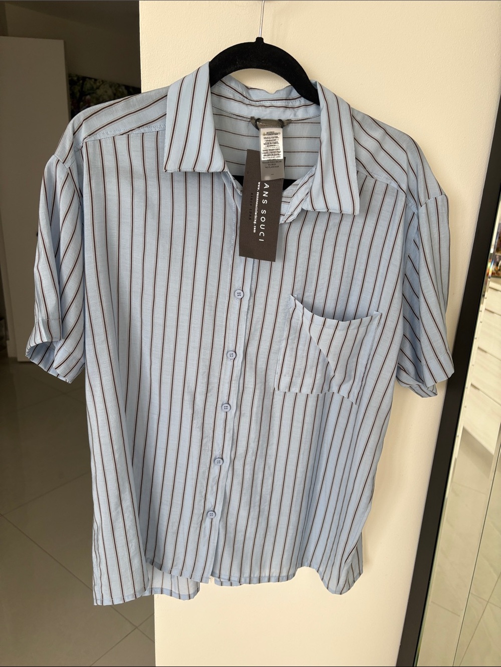 Sans Souci Light Blue Button-Up with Brown Vertical Stripes